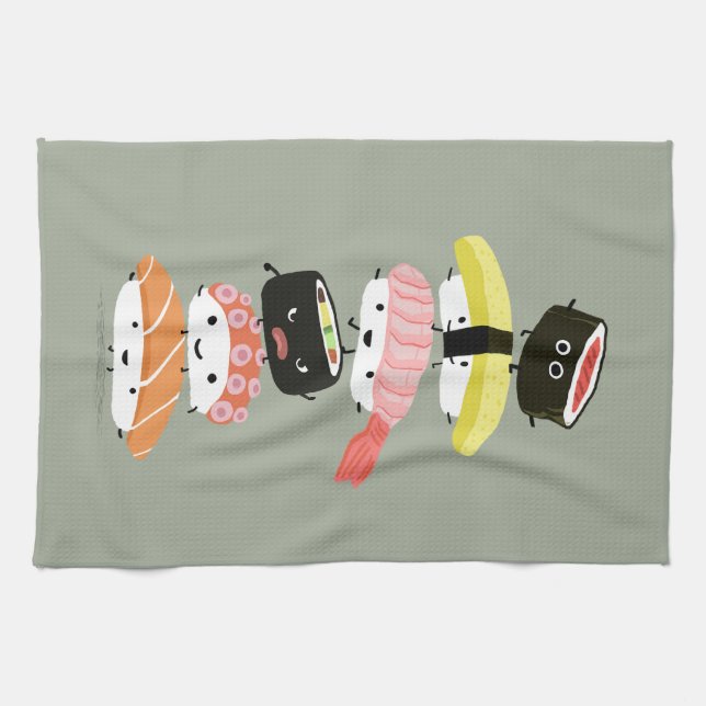 Linge De Cuisine Sushi Stack - Une Tour d'Amis Sushi Heureux (Horizontal)