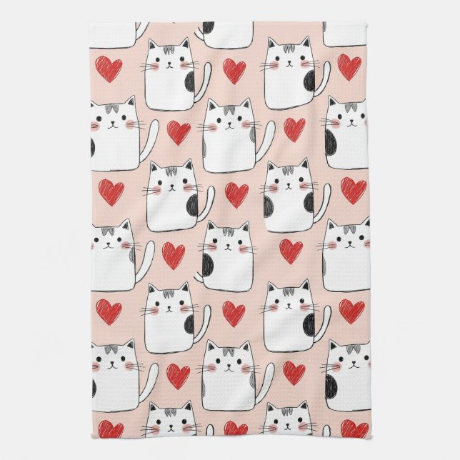 Linge De Cuisine Sweet Pink Kawaii Cats & Hearts Pattern (5) (Vertical)