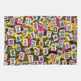 Linge De Cuisine Symboles de Mahjong sur fond de fleurs sauvages