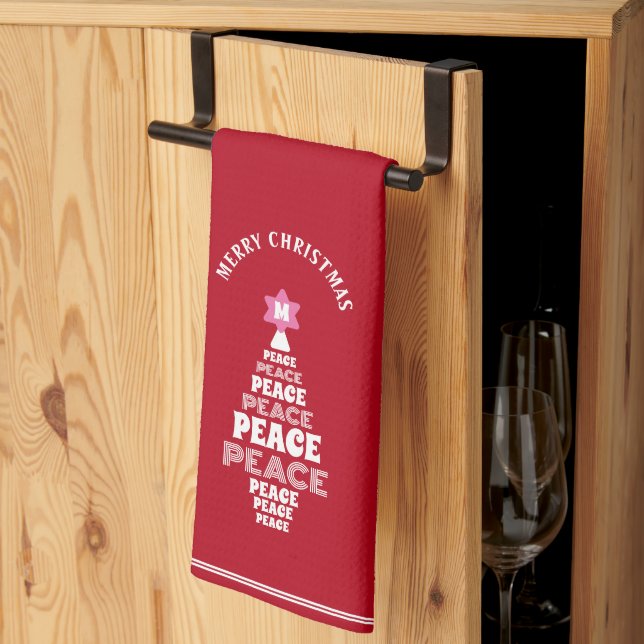 Linge De Cuisine Sympa Noël Arbre de Paix Custom Initial Rouge (Pliage en tiers)