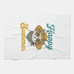 Linge De Cuisine T-shirt à motif de chat d'été vintage Happy Summer