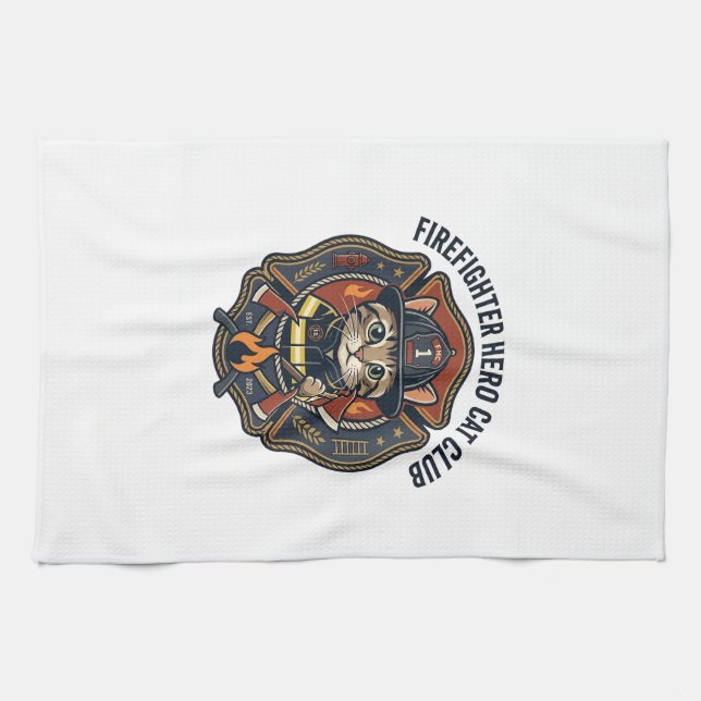Linge De Cuisine T-shirt graphique chat héros pompier - Pompiers (Horizontal)
