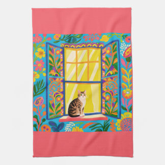 Linge De Cuisine Tabby Cat at Sunny Window T Towel | Colorful Flora