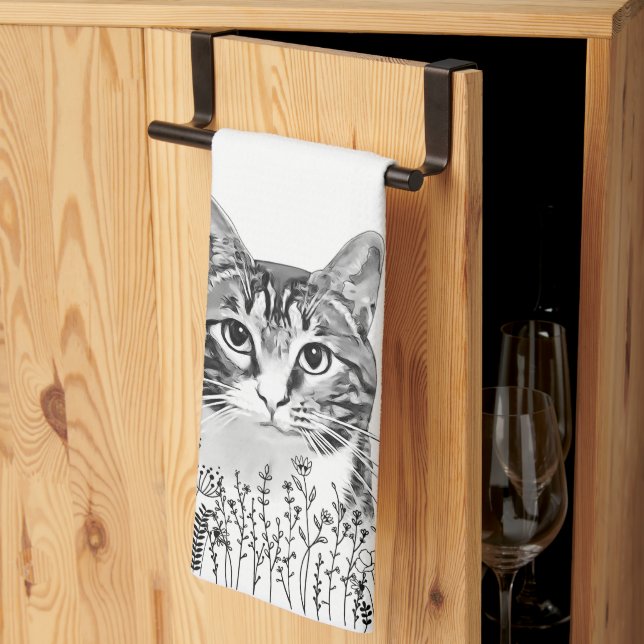 Linge De Cuisine Tabby Cat Dessin main personnalisé (Pliage en tiers)