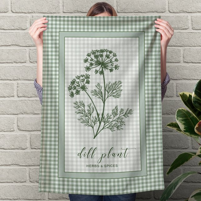 Linge De Cuisine Tablier de cuisine à l'aneth – Bordure à carreaux  (Dill Herb Kitchen Towel – Green Gingham Border)