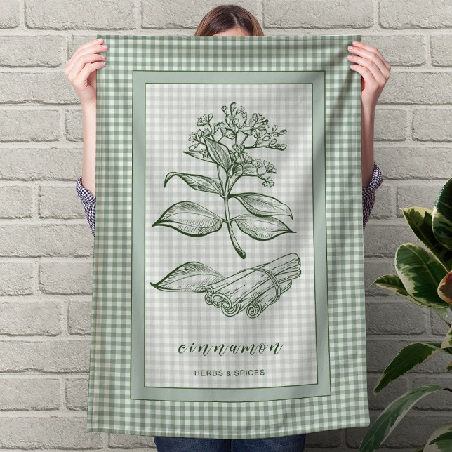 Linge De Cuisine Tablier de cuisine à l'herbe de cannelle – Bordure (Cinnamon Herb Kitchen Towel – Green Gingham Border)