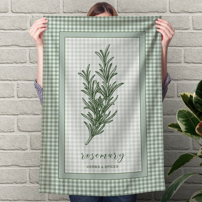 Linge De Cuisine Tablier de cuisine à l'herbe de romarin – Bordure  (Rosemary Herb Kitchen Towel – Green Gingham Border)