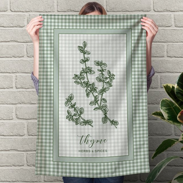 Linge De Cuisine Tablier de cuisine à l'herbe de thym – Bordure à c (Thyme Herb Kitchen Towel – Green Gingham Border)