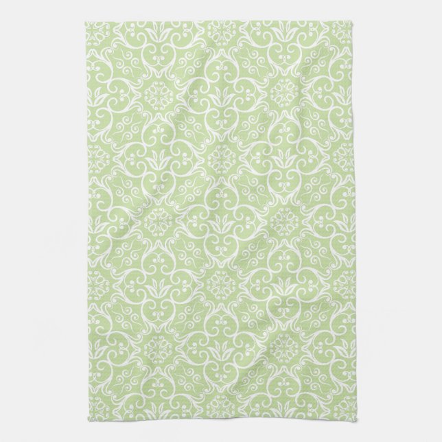 Linge De Cuisine Tablier de cuisine en damassé vert et blanc (Vertical)