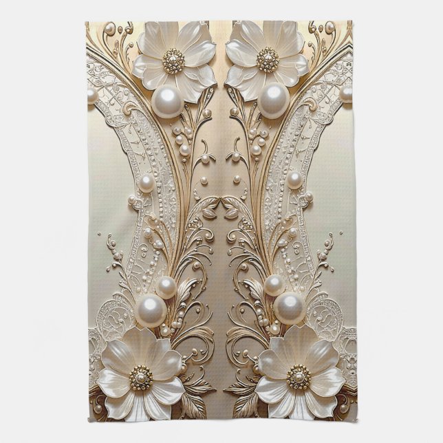 Linge De Cuisine Tablier de cuisine fleurs blanches modernes perles (Vertical)