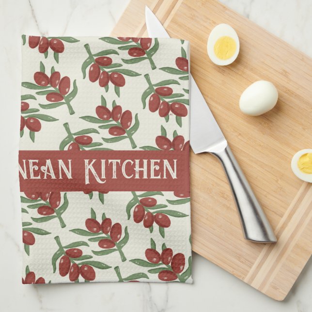 Linge De Cuisine Tablier de cuisine jaune motif olives rouges (Quart Plié)