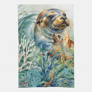 Linge De Cuisine Tablier de cuisine Lion de mer et petit aquarelle