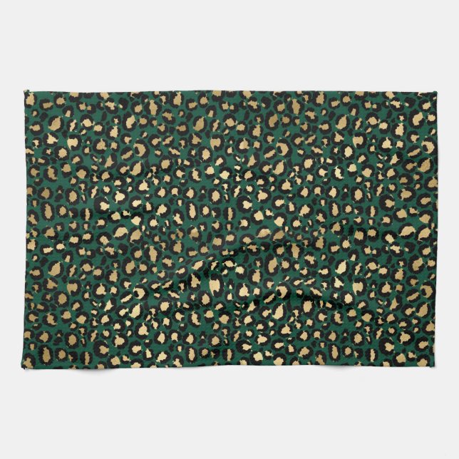 Linge De Cuisine Taches de léopard en feuille d'or et vert foncé él (Horizontal)