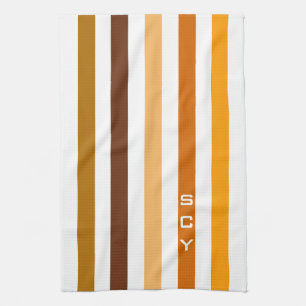 Linge De Cuisine Tan Brown Orange Vertical Stripes Monogramme