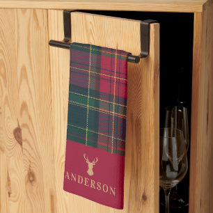Linge De Cuisine Tartan Élégant Plaid Joyeux Noël Nom de Famille