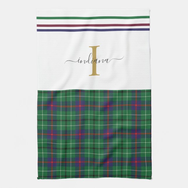 Linge De Cuisine Tartan Monogramme Script Plaid Rustique Personnali (Vertical)