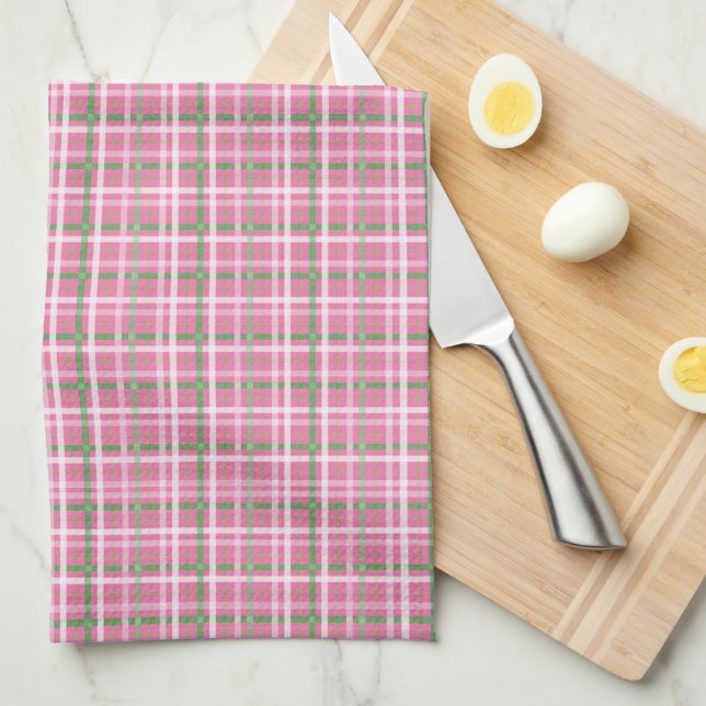 Linge De Cuisine Tartan Plaid en rose, vert et blanc (Quart Plié)