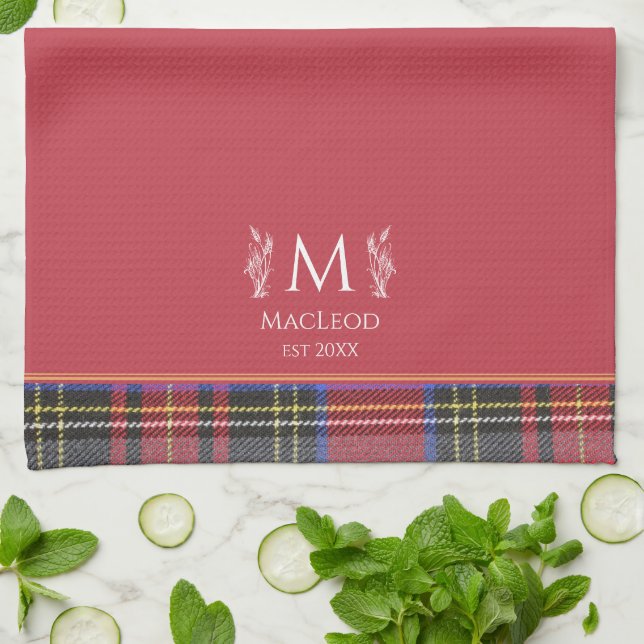 Linge De Cuisine Tartan rouge écossais personnalisé Monogramme trad (Plié)