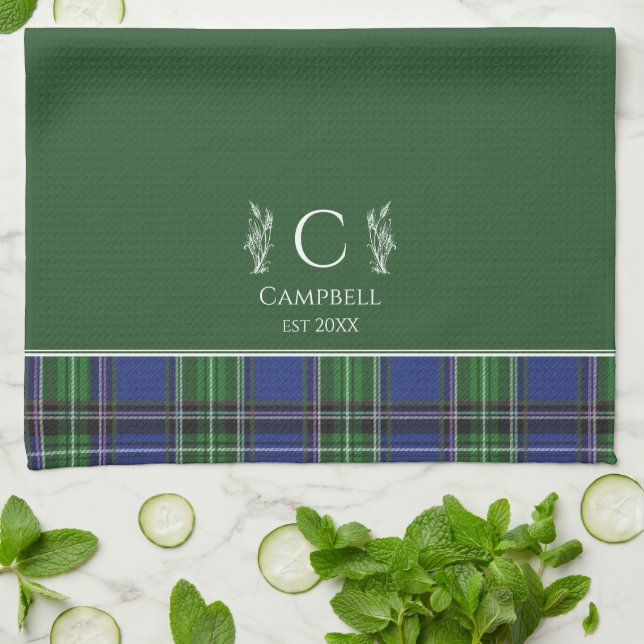 Linge De Cuisine Tartan vert Plaid Nom personnalisé Monogramme (Plié)