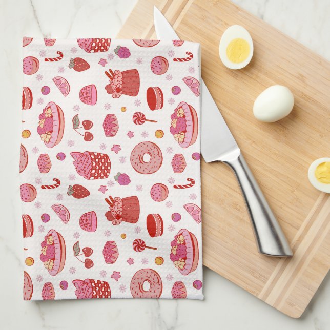 Linge De Cuisine Tartes et bonbons roses rouges (Quart Plié)