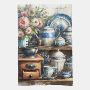 Linge De Cuisine Tasse à café vintage assiette Pot bleu 