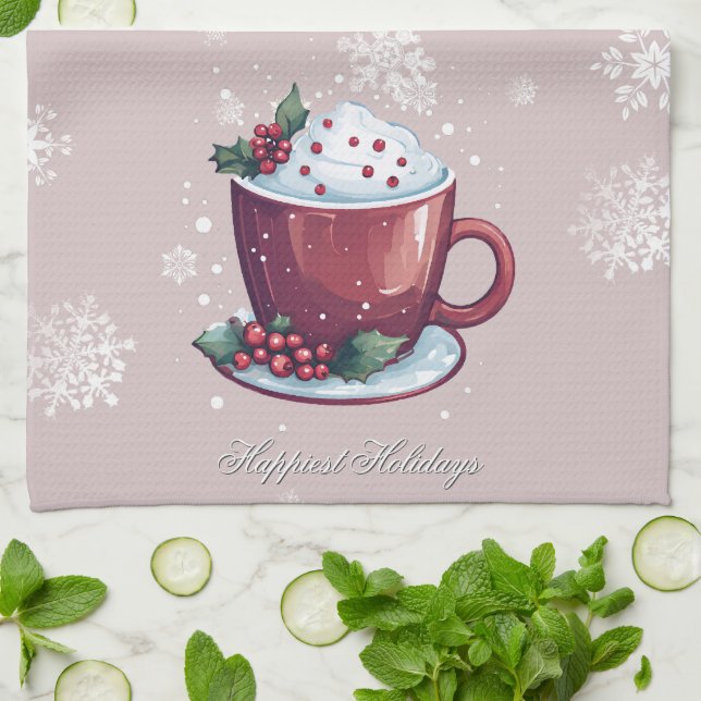 Linge De Cuisine Tasse de Chocolat Chaud de Noël | Rose Pâle (Plié)