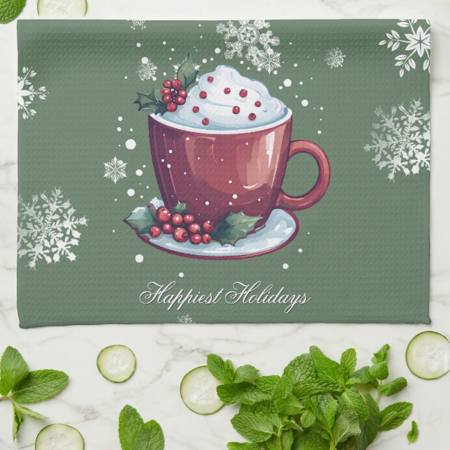 Linge De Cuisine Tasse de chocolat chaud de Noël | Vert (Plié)