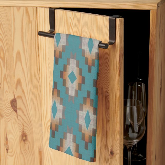 Linge De Cuisine Taupe Brown Bleu Turquoise Orange Tribal Art Motif (Pliage en tiers)