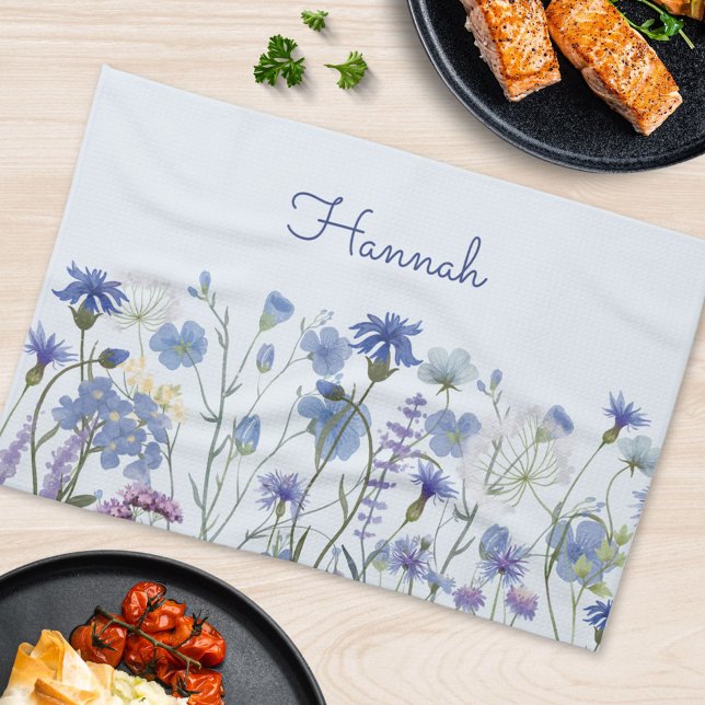 Linge De Cuisine Tea Fleur sauvage Monogramme Blue Watercolor (In situ Kitchen table)