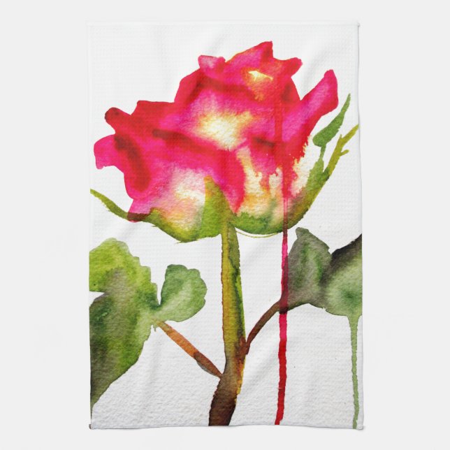 Linge De Cuisine Tea hybride Rose aquarelle moderne fleurie art (Vertical)