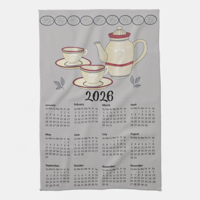 Linge De Cuisine Tea Towel Calendar 2026 Tasses et théière (Vertical)