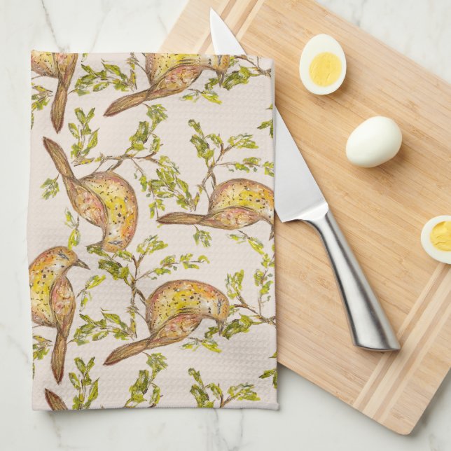 Linge De Cuisine Tea Towel With Hand-Painted Birds on Branches (Quart Plié)