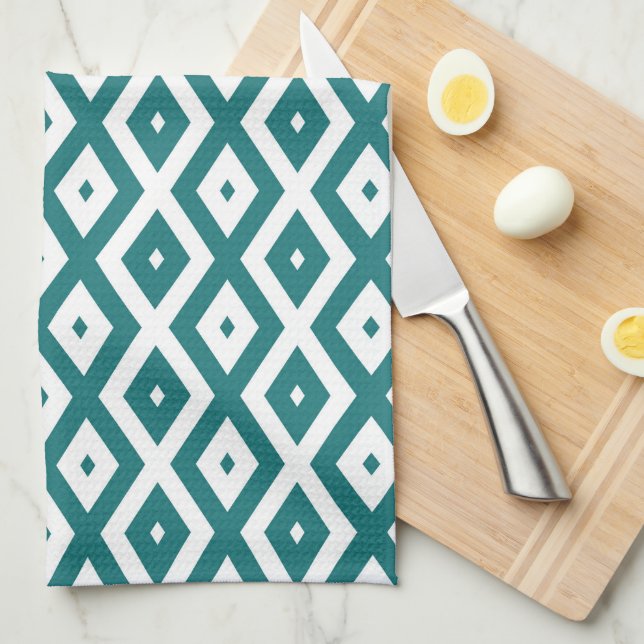 Linge De Cuisine Teal and white diamond pattern (Quart Plié)