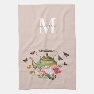 Linge De Cuisine Teapot Party rose Floral & Papillons Monogramme