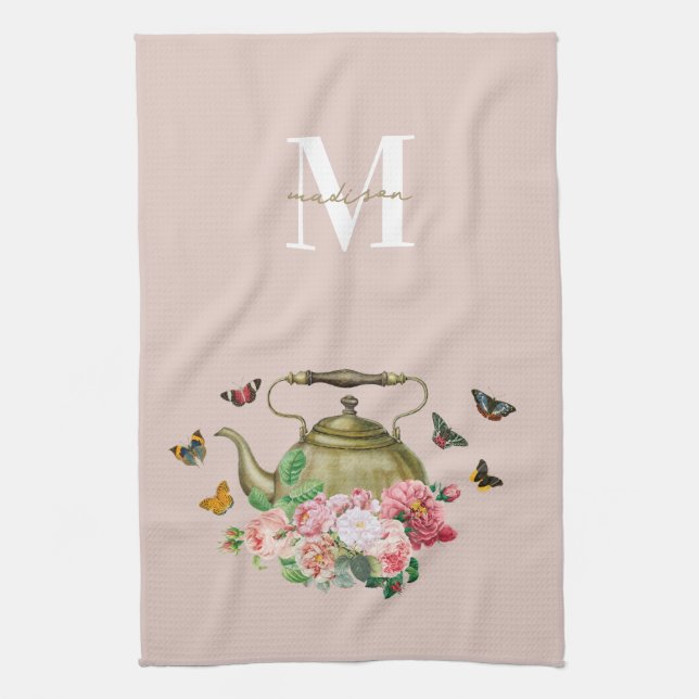 Linge De Cuisine Teapot Party rose Floral & Papillons Monogramme (Vertical)