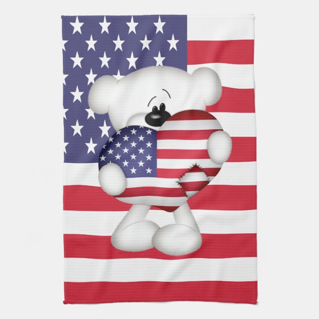 Linge De Cuisine Teddy Bear et Big USA Flag Heart (Vertical)