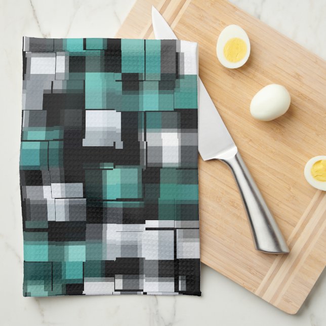 Linge De Cuisine Tendance Turquoise Vert Bleu Noir Blanc Abstrait P (Quart Plié)