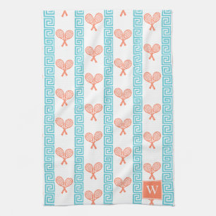 Linge De Cuisine Tennis Rayure Clé Grecque Corail & Turquoise Monog