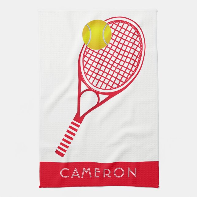 Linge De Cuisine Tennis Rouge Nom personnalisé ou Monogramme (Vertical)