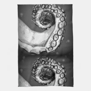 Linge De Cuisine Tentacle noir et blanc vintage à la pieuvre marine