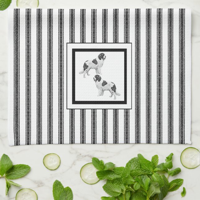 Linge De Cuisine Terre-Neuve Landseer sur bande noire et blanche (Plié)