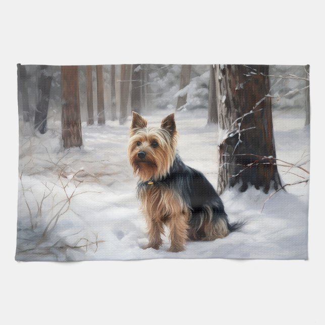 Linge De Cuisine Terrier Silky laisse tomber la neige Noël  (Horizontal)