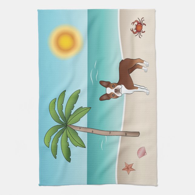 Linge De Cuisine Tervueren Boston Terrier sur une plage tropicale e (Vertical)