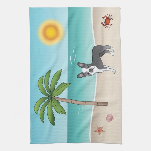 Linge De Cuisine Tervueren Boston Terrier sur une plage tropicale e (Vertical)