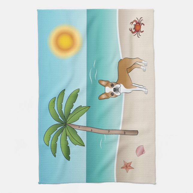 Linge De Cuisine Tervueren Boston Terrier sur une plage tropicale e (Vertical)