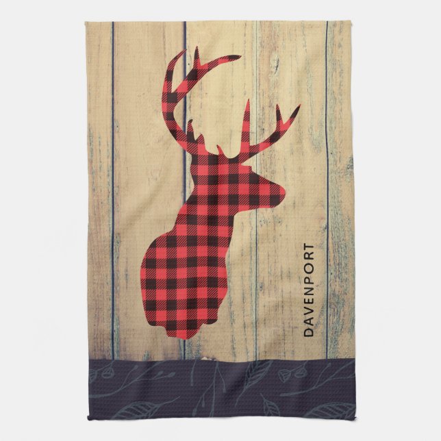 Linge De Cuisine Tête de cerf avec Antlers - Rouge rustique Plaid (Vertical)