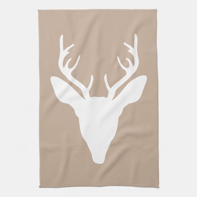 Linge De Cuisine Tête de cerf blanc sur fond beige (Vertical)