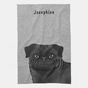 Linge De Cuisine Tête de Pug de dessin animé noir mignon en gros pl