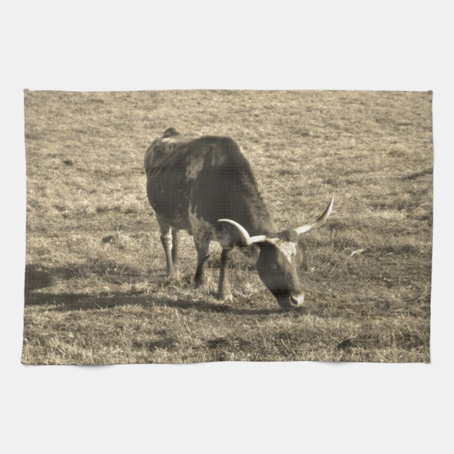 Linge De Cuisine Texas Longhorn Cattle Cow Photo Russe (Horizontal)