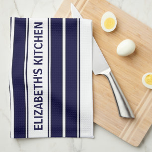 Linge De Cuisine Texte personnalisé bleu marine et blanc rayé